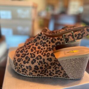 Volatile Brown and Black Wedge Sandals with Leopard Print